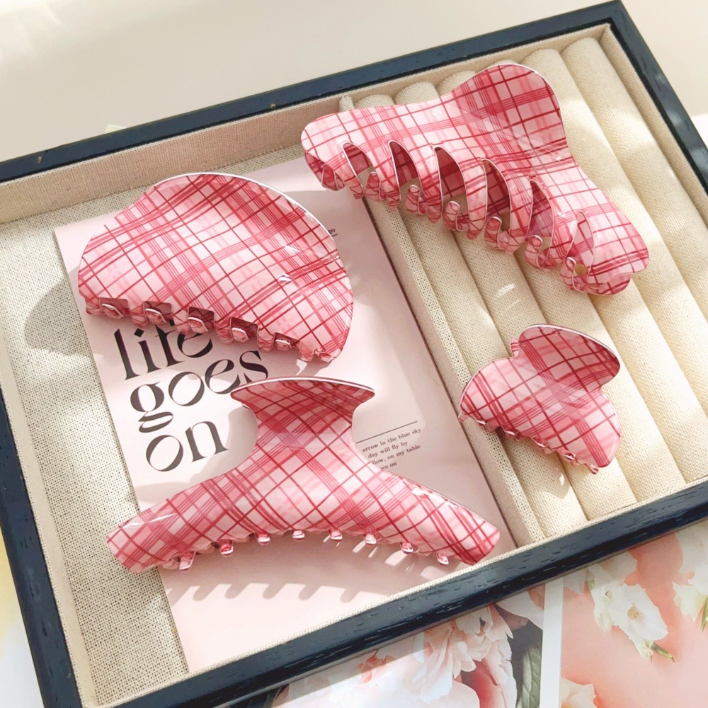 Pink Blue Grid Hair Claw Clips - Women Accessories Online ulasan dan harga